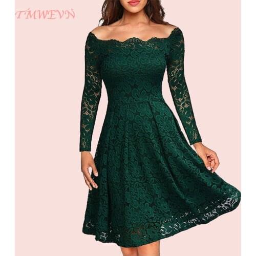 TMWEVN High-end Street Trendy Womens Dress Word Leader Christmas Dress Black Dress Lace
