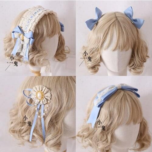 Lolita Sweet Lace Bowknot Hair Clip Kawaii Princess Hairband Headdress Bead Chain KC Hair hoop Handmade Hair Ornaments Cosplay