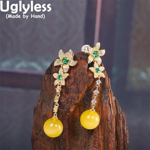 Uglyless Natural Beeswax Amber Earrings for Women Romantic Flowers Studs Earrings Real 925 Sterling Silver Fashion Dress Brincos