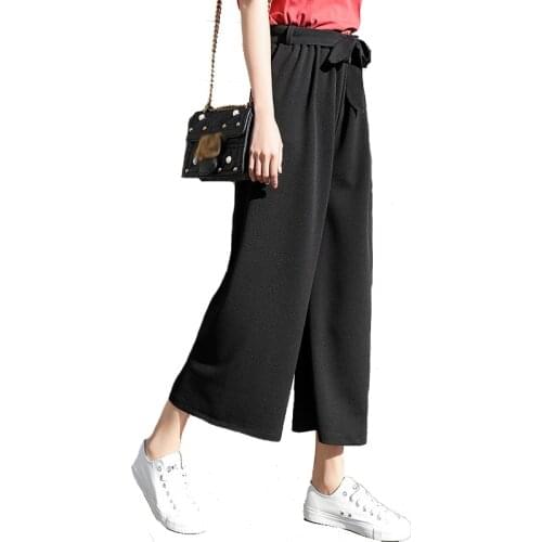 2021 Women Tie Wide Leg Pants Solid Color Pantalones Female High Waist Thin Plus Size Casual Ladies Culottes Trousers
