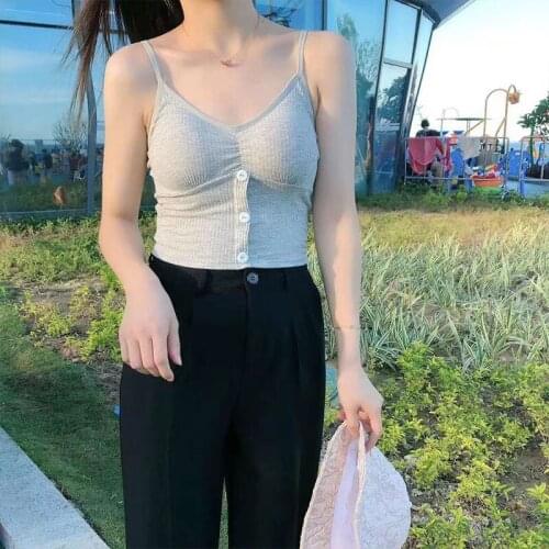 Female Crop Tops V Neck Vest Threaded Cotton Camisole Button Wire Free Women Beauty Back Tank Tops Removable Chest Padded