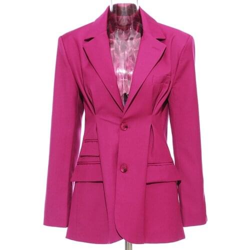 Korean Chic OL Fashion Folds Waisted Slim Blazer Suits Women Spring Fuchsia Casual Jacket Workwear Outfits Single Breast Coats