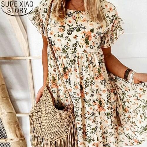 2021 Summer Chiffon Dress Floral O-Neck Butterfly Sleeve Dress for Women Casual Loose Long Dresses Fashion New Vestido 14486