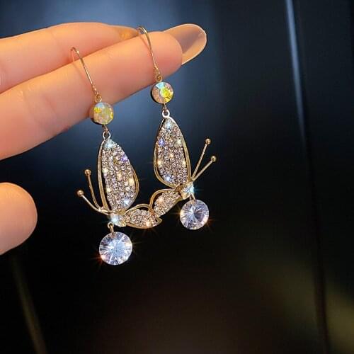 2021 New Trendy Shining Rhinestone Butterfly Hook Earrings for Women Big Zircon Drop Earrings Wedding Jewelry Korean Fashion