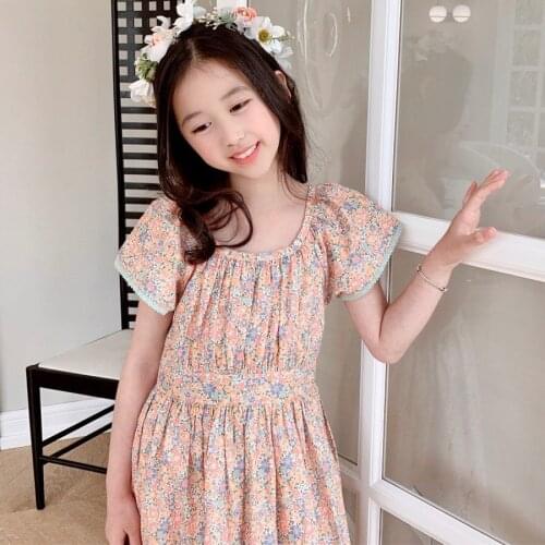 2021 Girls dress Sweet floral print dress with yellow little flowers pattern cotton kids dresses summer clothes