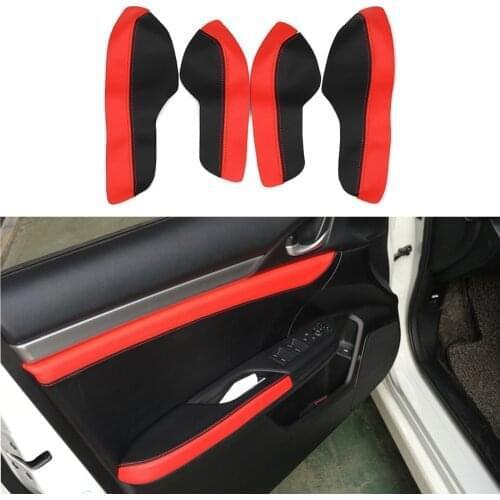 Black with Red Edge 4pcs Microfiber Leather Interior Door Handle Panel / Door Armrest Cover For Honda Civic 10th Gen 2016 2017