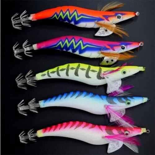 5PCS Hard Octopus Squid Jigs Lures Wood Shrimp Fishing Lure Boxed Luminous Cuttlefish Artificial Bait 3.5# 13.5CM Random Color
