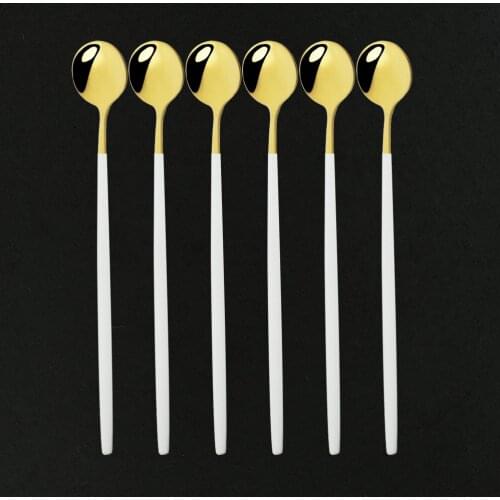 6Pcs Mirror Dinnerware Cutlery Steainless Steel Long Hangdle Spoon Stirring Drink Dessert Ice Cream Spoon Tableware Flatware Set