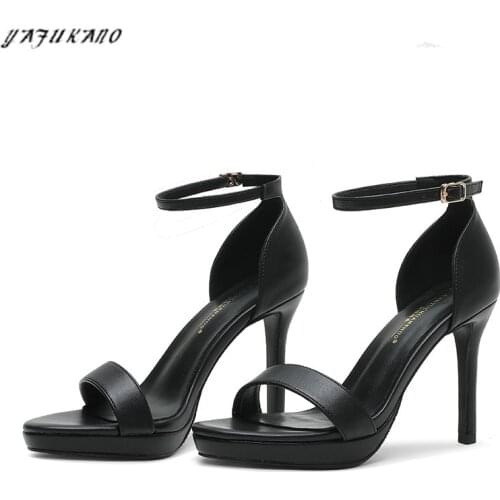 10cm High Heels Fashion Stiletto Waterproof Platform One Word Band Open Toe Sandals Women Shoes Summer Suede Black Work Shoes 32