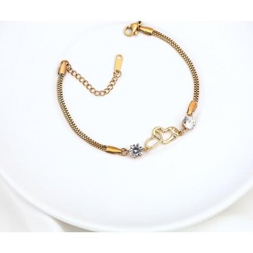 Cute Romantic Double Heart Rhinestone Stainless Steel Snake Chain Bracelet For Women Elegant Anniversary Party Gift Jewelry