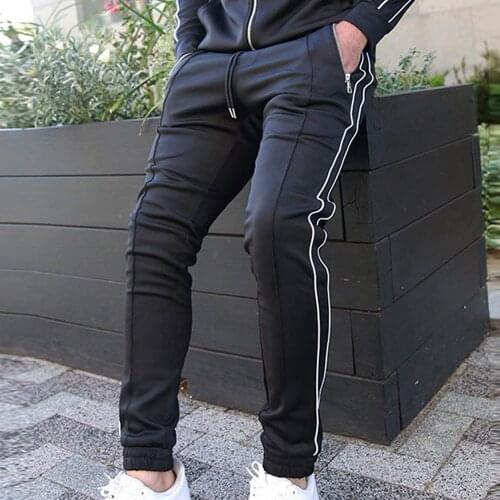 Cofekate Men Clothing Casual Pants Stripe Sides Sports Pants Lace Up Mens Zipper Pocket Slim Fit Sweatpants