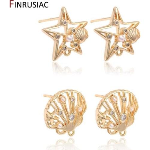 DIY Earrings Making Accessories Starfish / Shell Shape 14K Gold Plated Inlaid Zircon Pearl Charm Earrings Stud Earrings Hooks
