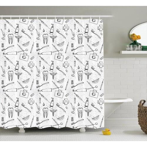 Doodle Shower Curtain Hand Drawn Style Medical with Dental Hygiene Theme Teeth Care Cleaning Bathroom Waterproof Curtains