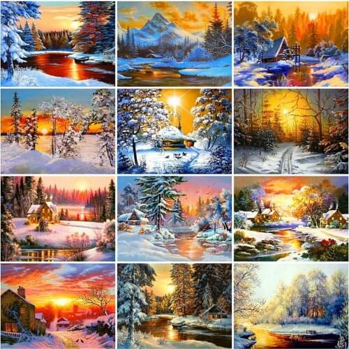 HUACAN Diamond Painting Winter Cross Stitch Full Square Round Diamond Mosaic Landscape Rhinestone Kit Sunset Home Decoration