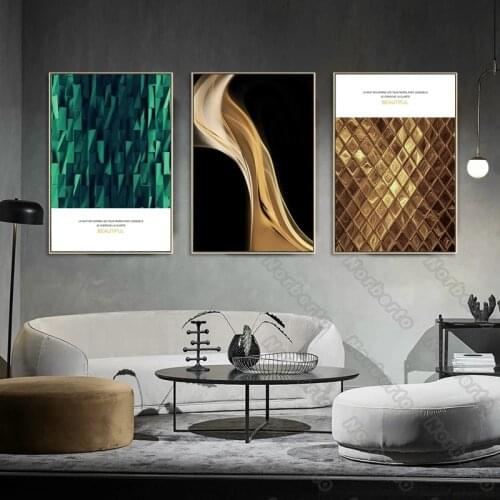 Nordic Style Canvas Painting Poster and Print Golden Green Abstract Art Patterns Golden Fluid Lines for Home Rooms Wall Decorati