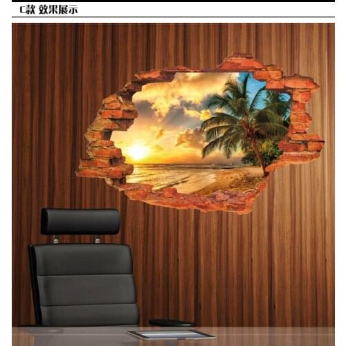 Creative 3D Broken Wall Sunset scenery Seascape Island Coconut Trees Household Adornment Can Remove The Wall Stickers 60*90 cm