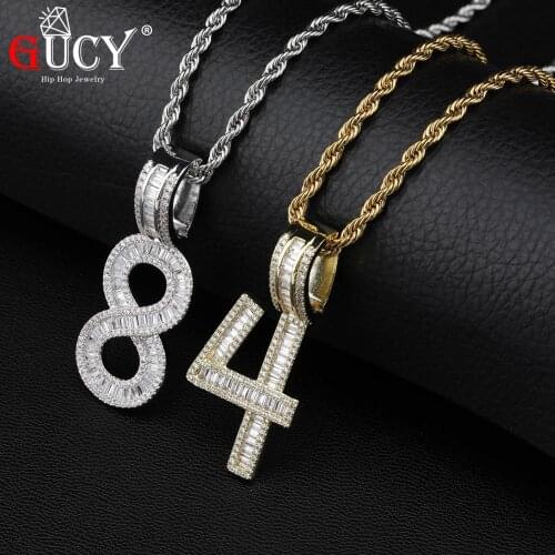 GUCY 0-9 Name Baguette Numbers Pendant & Necklaces Charm For Men Gold Silver Color Cubic Zircon Hip Hop Jewelry Gift