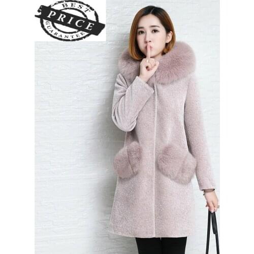 Shearing Real Sheep Coat Female Natural Wool Jackets Women Clothes Parka Real Fox Fur Hooded Warm Spring Overcoat LWL1320