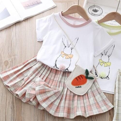Girls' clothing summer new style cartoon rabbit print short sleeve + plaid skirt suit baby girl clothes