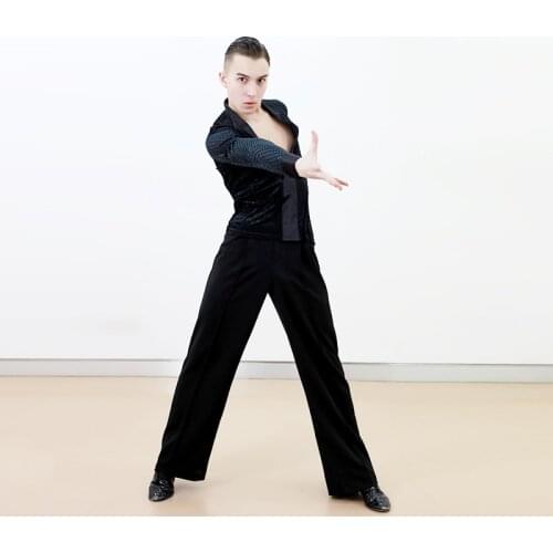 Latin Tops For Men Big V-neck Velvet Shirt Black Long Sleeves Dance Tops Tango/Tap Dance Costume Male Competition Wear VDB2186