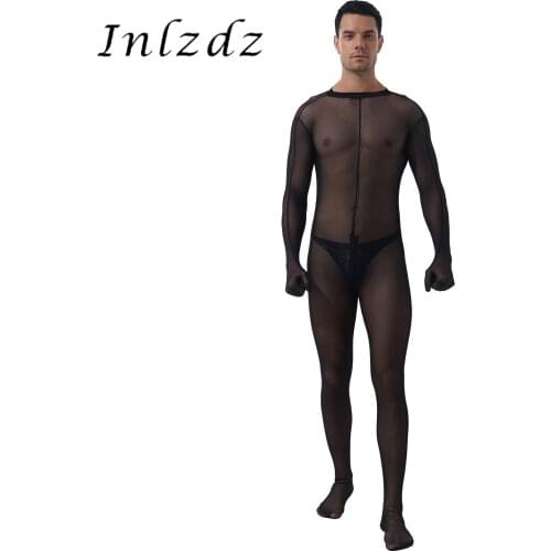 Mens Lingerie Zipper Crotch Bodysuit See-through Mesh Bodystocking Sheer Skinny Jumpsuits Nightclub Stage Performance Costume