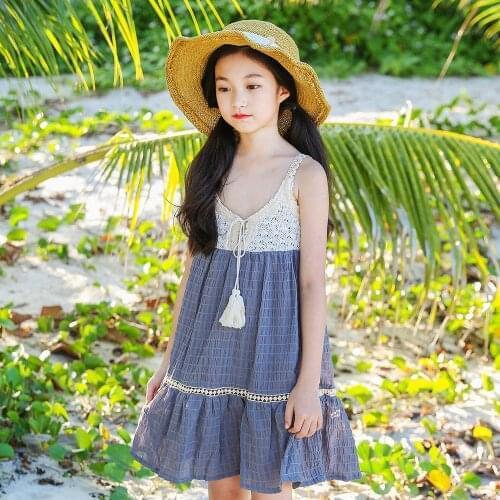 New 2018 Summer Girl Dress Lace Bohemian Beach Dresses Princess Cotton Sling Dresses for Girls with Necklace 6-16 Year