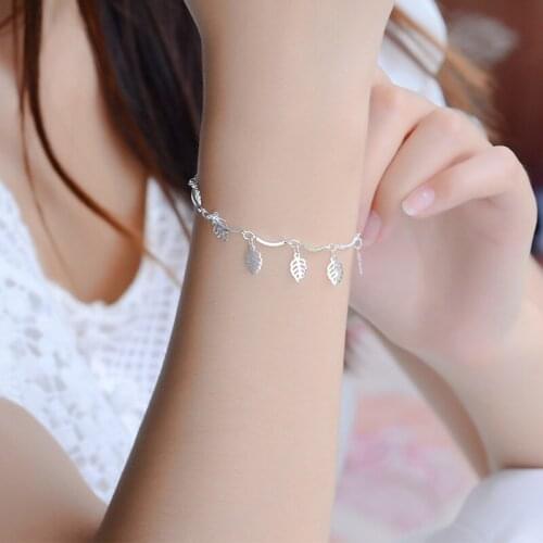 TJP New Arrival Leaf 925 Silver Bracelets For Women Wedding Party Top Quality Silver Bend Bammboo Chain Anklets Girl Party Bijou