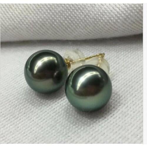 Charming pair of 9-10mm tahitian black green pearl stud earring 18k