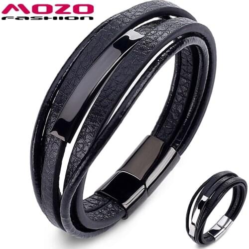 Simple Classic Bracelets Fashion Men Charm Multilayer Leather Stainless Steel Magnet Buckle Bangle