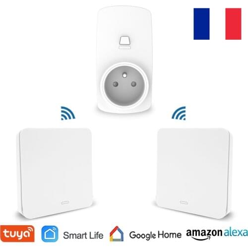Tuya Smart Life Voice Control French Type Wireless Socket Remote Control Outlet Plug 10A, Self Powered Kinetic Wireless Switch