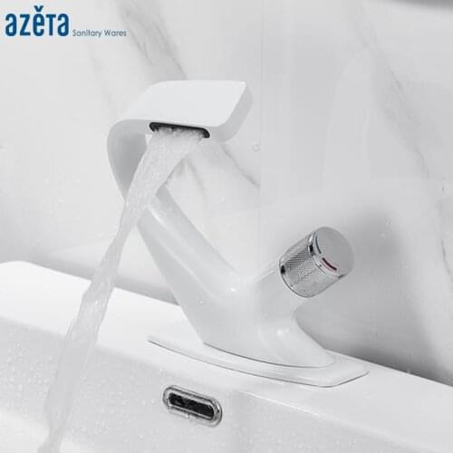 Azeta Free Shipping White Bathroom Sink Faucet Single Handle Waterfall Basin Mixer Cold and Hot Water Washbasin Tap AT7816W