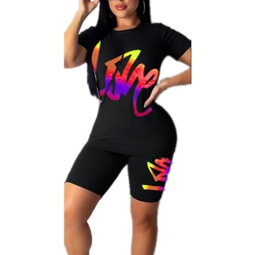 Sport Set Women Plus Size S-5Xl Summer 2021 Fashion Trend Sport Printing Roung Neck Short Sleeve Top With Short Two Piece Outfit