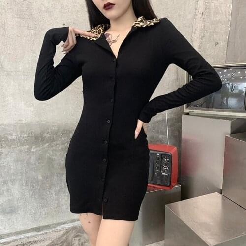 Streetwear Gothic Sexy Button Up Black Vestidos Punk Animal Print Collar High Waist Dresses For Women Harajuku Autumn Mini Dress