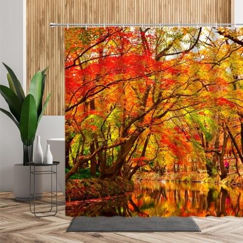 Autumn Forest Scenery Shower Curtain Red Leaf Creek Water Bathroom Decoration Waterproof Bath Curtains Set With Hooks Polyester