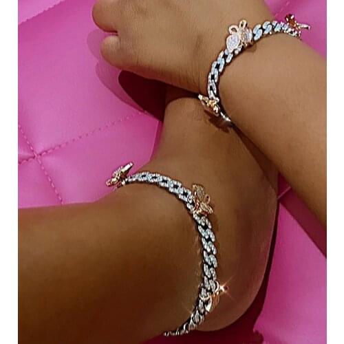 Hip Hop Bling Iced Out bling cz paved Miami Cuban link Chain Bracelet for women summer fashion pink butterfly wedding jewelry