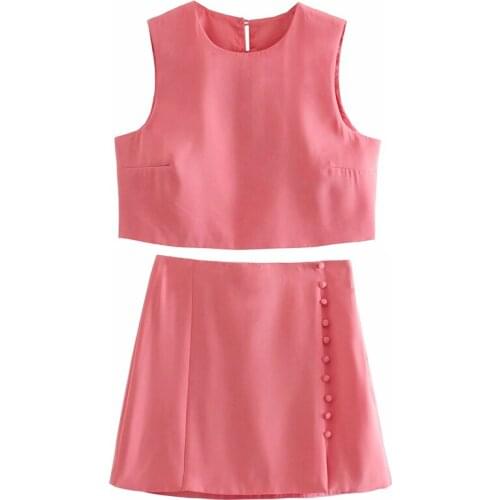 2021 Pink O Neck Sleeveless Back Buttoned Short Top + A-Line Packed Hip Button Half-length Short Skirt Ladies Mini 2-piece Set