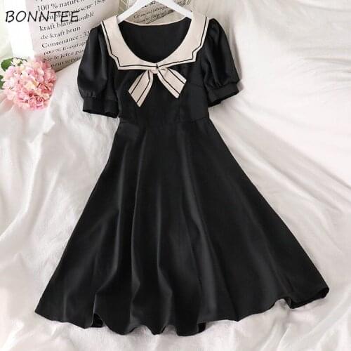 Dress Women Summer Girl Sailor Collar Japanese Style Short Puff Sleeve Jk School Student Kawaii A-line Cosplay Slim Cute Bow Ins