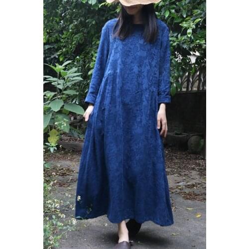 Spring New Vintage Flower Jacquard Ruched Long Sleeve Women Cotton Linen Dress, Autumn Blue Elegant Ladies Loose Classical Robe