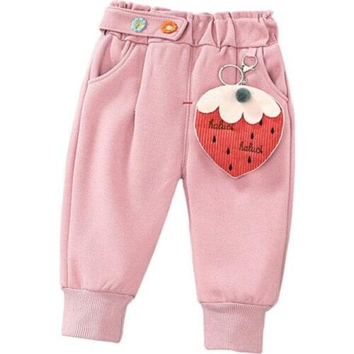 Girls Winter Plus Velvet Casual Pants Baby Toddler Girls Winter All-Match Strawberry Pendant Warm Trousers Autumn Kids Clothes