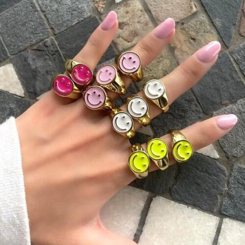 2021 Fashion Smile Face Ring Women Korean Gold Candy Color Happy Face Adjustable Finger Rings For Women Jewelry Gift