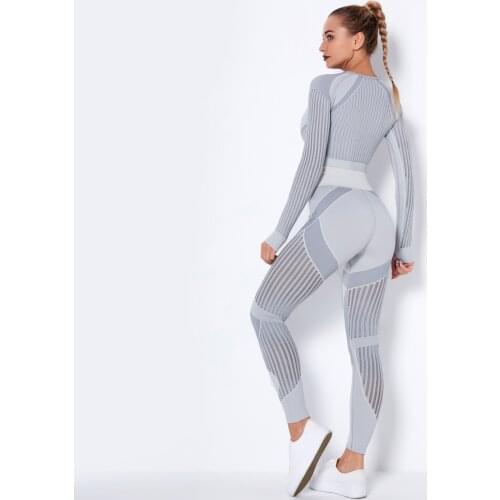 Seamless Women Yoga Clothes 2 Pcs Workout Sportswear High Waist Tights Striped Hollow Fitness Pants Fitness Tracksuit Yoga Set