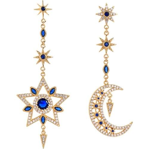 Elegant zircon star moon asymmetrical earrings Womens fashion jewelry temperament hipster cold style ear pendant earrings