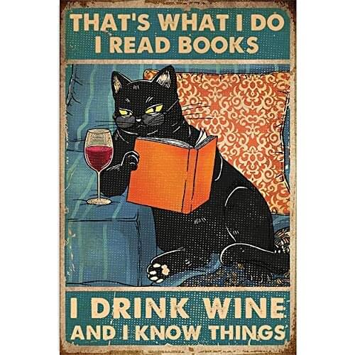 Thats What I Do Drink Wine Read Orange Cover Books Know Things Black Cat Funny Vintage Retro Art Picture Home Vertical No Frame