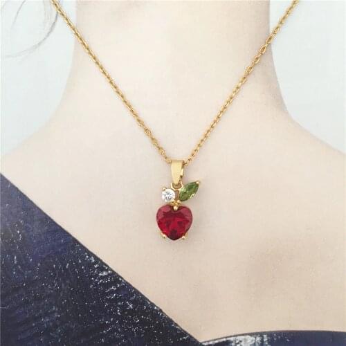 Lovely Gold Color Plating Red Cubic Zirconia Apple Heart Pendant Delicate Necklace For Women Girl Elegant Cute Casual Jewelry