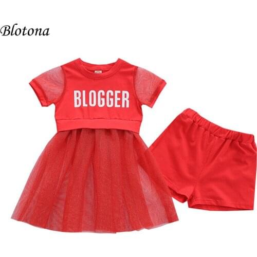 Blotona Fashion Baby Girls T-shirt Dress + Shorts, Letter Shiny Print with Mesh Stitching, Sweet Style Summer Clothing, 1-6Years