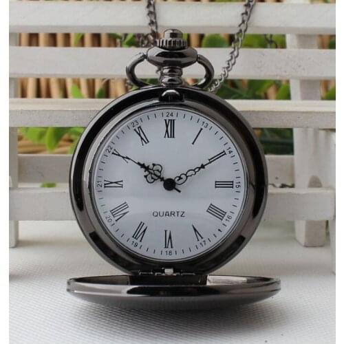 New Arrival Black Smooth Quartz Pocket Watch Fob Chain Best Gift Men Women Fashion Steampunk Roman Numerals Gift