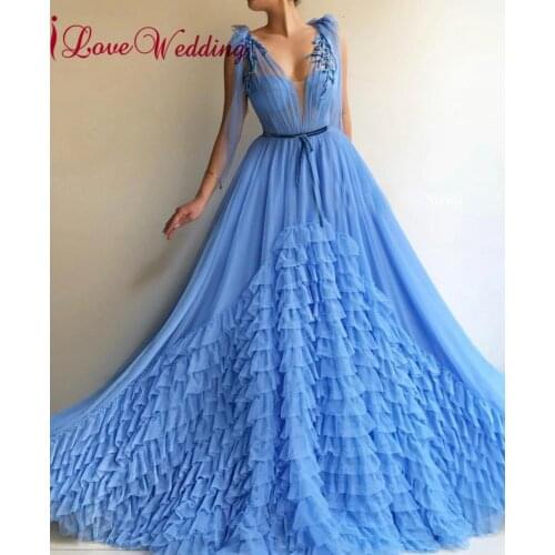 New Arrival Sexy Evening Dresses Long Custom made A Line Blue Tulle Ruffles Beaded Elegant Evening Party Gown