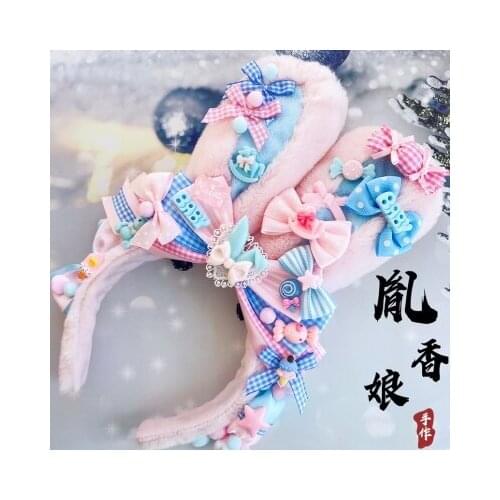 Original handmade Lolita rabbit ear kcLolita sweet headband sweetheart doll machine plaid strawberry small object