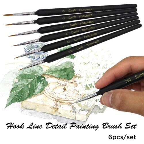 SeamiArt 6Pcs Fine Hook Line Pen Different Size 000 00 0 1 2 3 Paint Brush Artist Gouche Watercolor Acrylic Painting Supplies
