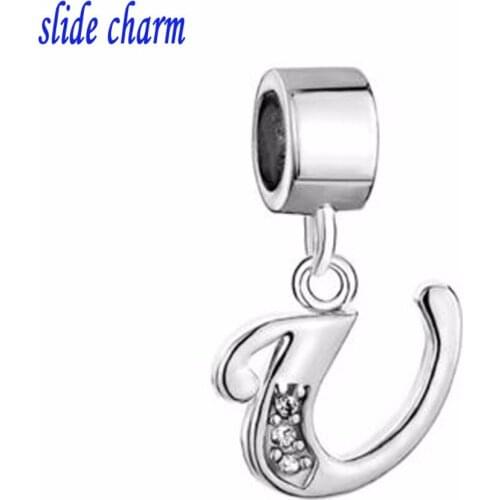 Slide charm Free shipping U alphabet pendant white crystal sending physics friend amulet charm beads fit Pandora bracelet